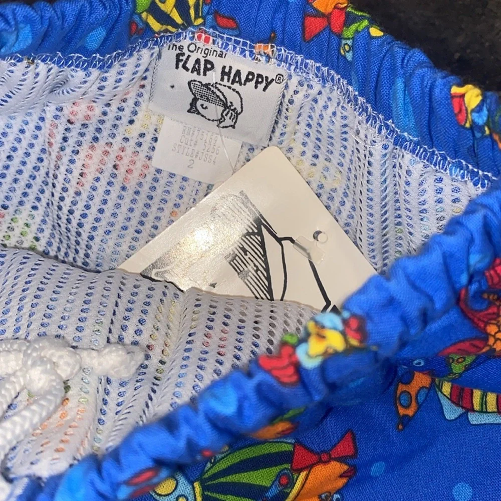 Flap Happy Bright Blue Boys Swim Trunks with Colorful Fish Print